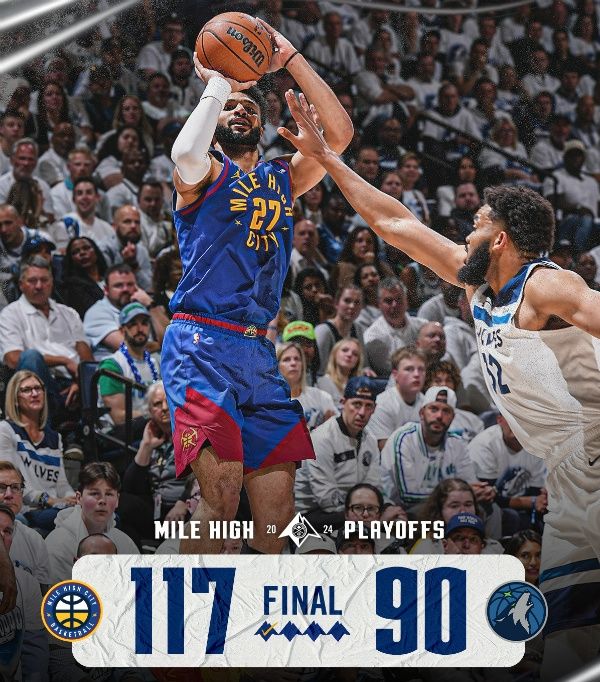 NBA战报:掘金117-90大胜森林狼系列赛追至1-2,约基奇24分14板9助,华子19分6板5助