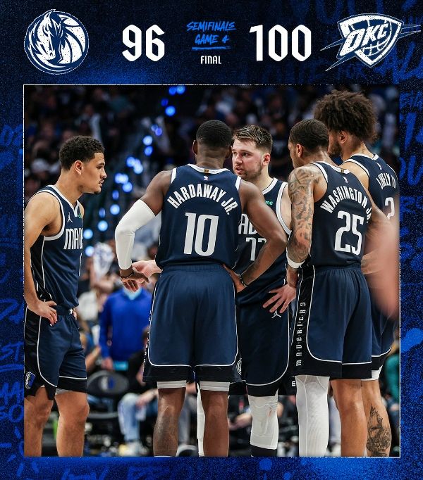 NBA战报:雷霆100-96击败独行侠大比分扳至2-2平,SGA34分8板5助,“东欧”仅27分
