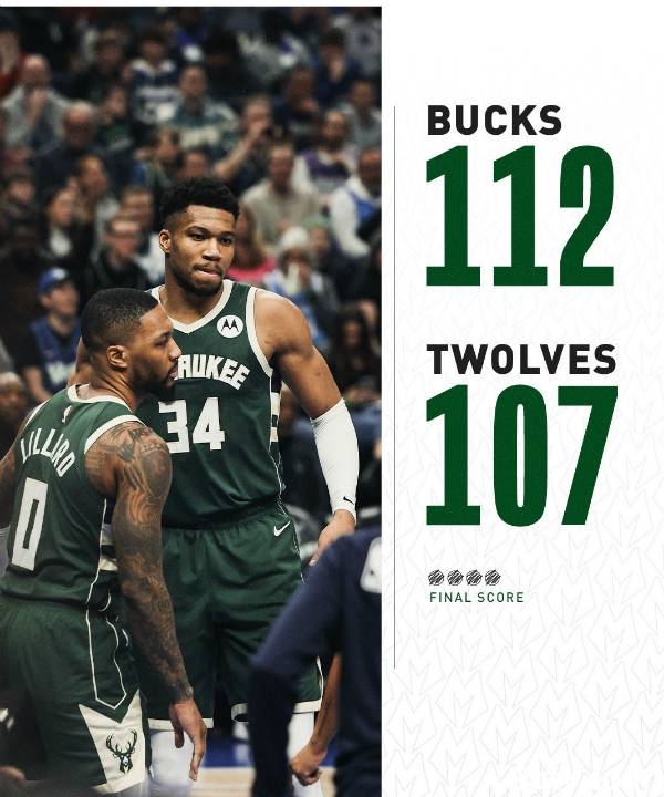 NBA战报:森林狼107-112不敌雄鹿,字母哥33分13板5助,爱德华兹28分9板5助