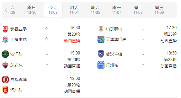 中超赛程直播时间安排表11月3日-2022年中超联赛比赛赛程